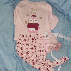 Girls Pink Penguin Fleece Pajama Set - Snow Cute